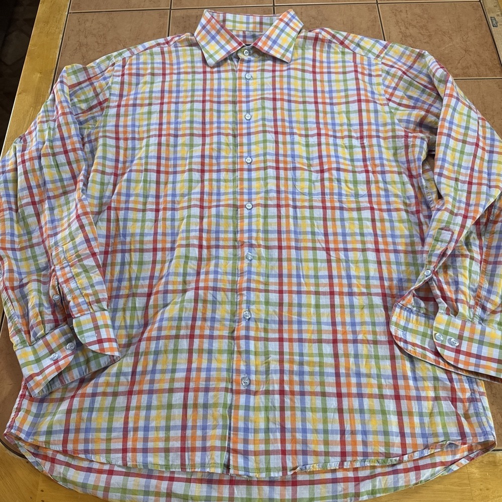 St Croix Shirt Mens Sz XL Long Sleeve‎ Button Up Cotton Madras Plaid Italy Made